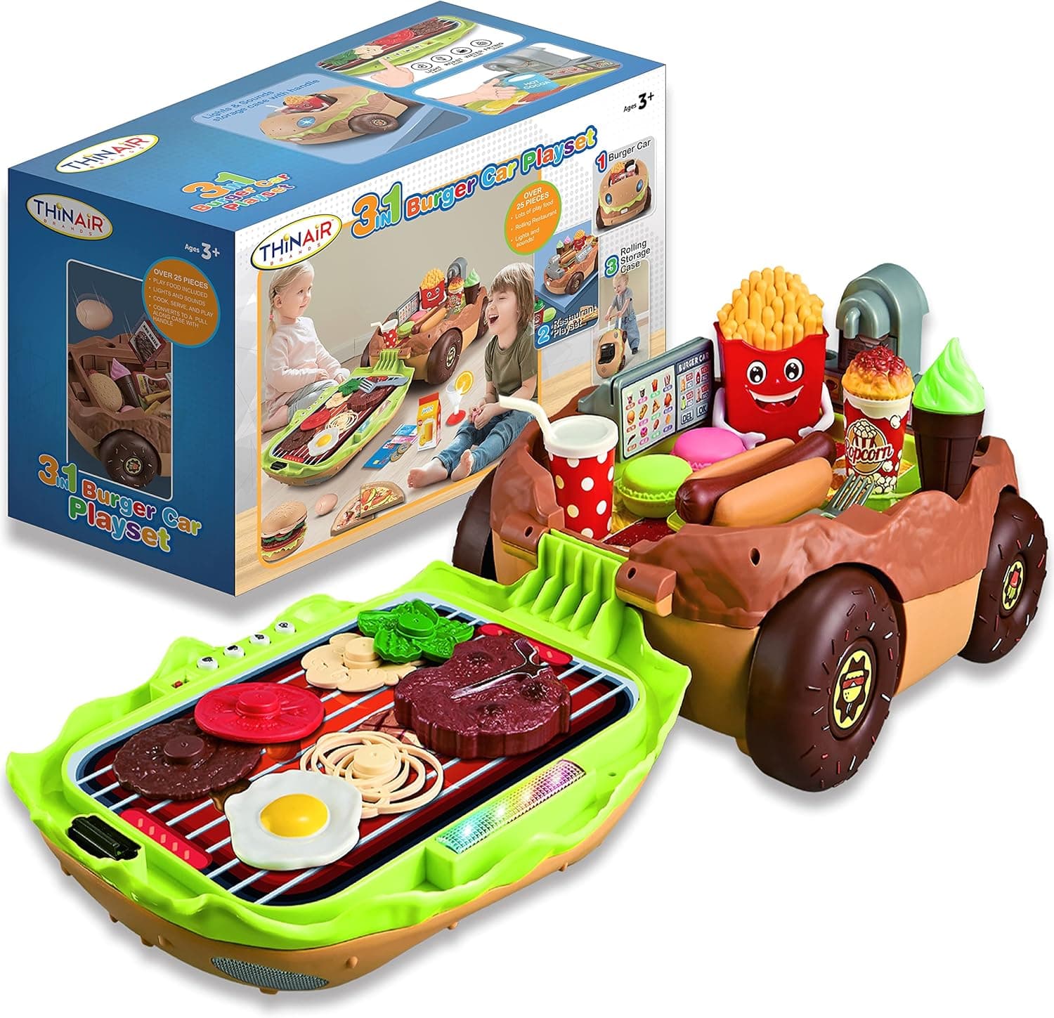 Burger Car Kids’ Kitchen Playset: 3 Pretend Play Toys in 1 with Fun Lights & Sounds, Includes Burger-Shaped Toy Car, Toy Food, Toy Grill & Toy Restaurant/Food Truck for Kids 3 & Up