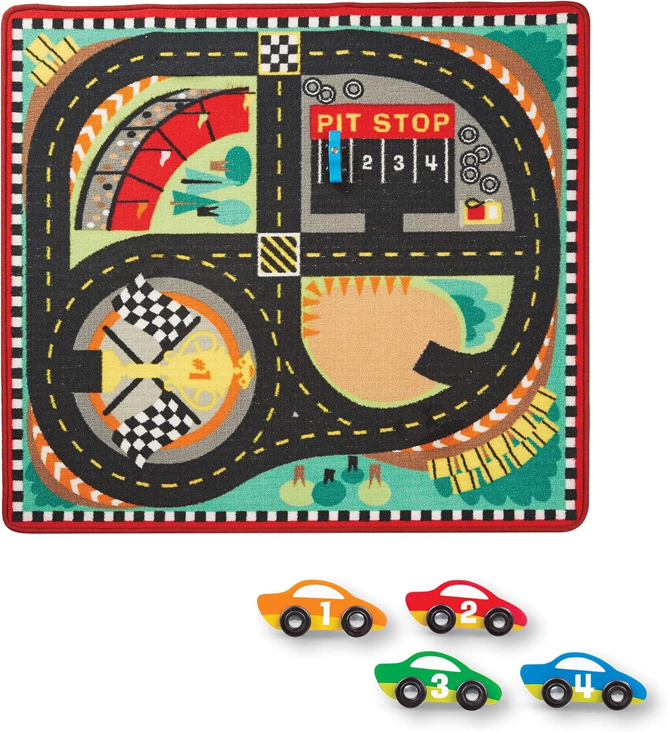 Melissa & Doug Round the Speedway Race Track Rug With 4 Race Cars (39 x 36 inches) , Black