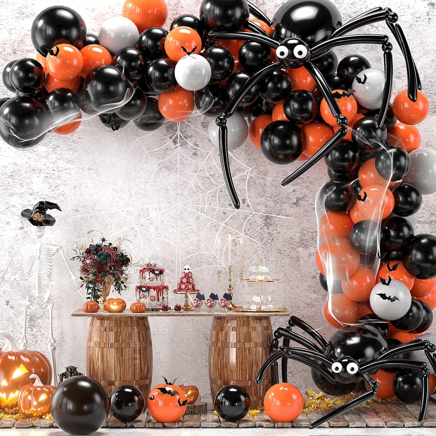 VAINECHAY Halloween Balloon Arch Kit Orange Black Balloon Garland Arch Kit Halloween Balloons Decorations Spider Web 3D Bat Decoration for Kids Halloween Party