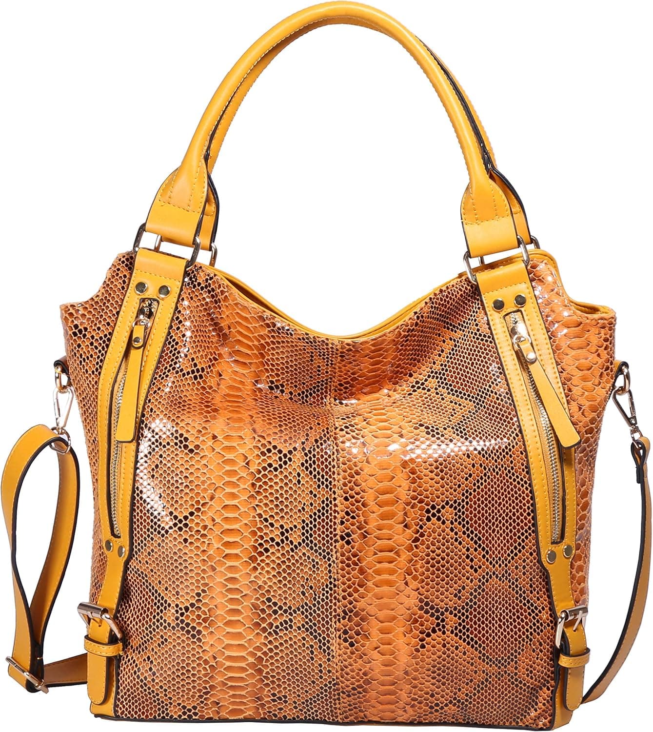 ZOCAI Hobo Shoulder Bag for Women Fashion Tote Top Handle Handbag Faux Leather Two-Tone Python or Leopard Embossed Handbag (AK19105-Yellow)