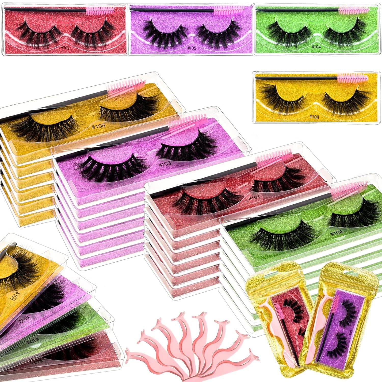 Fluffy Eyelashes Bulk 3D Mink Lashes False Eyelashes Fluffy Lashes Reusable Soft False Eyelashes with Lash Tweezers Inside Disposable Mascara Brushes with Portable Boxes 25 Pairs Mix 4 Styles
