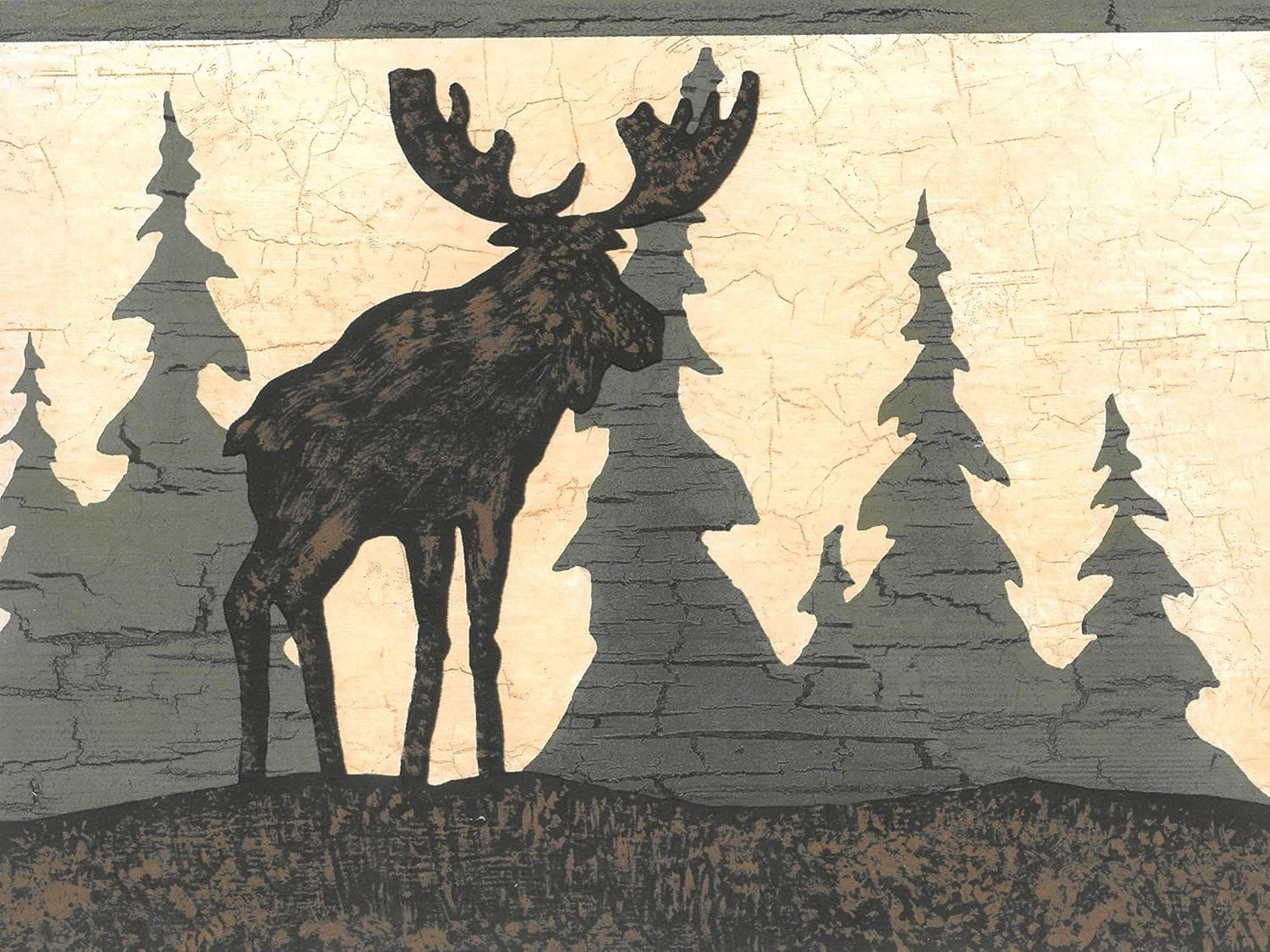 Dundee Deco BD6027 Prepasted Wallpaper Border - Animal Beige, Brown, Green Bear, Moose, Pine Trees Wall Border Retro Design, 15 ft x 6.87 in (4.57m x 17.45cm)
