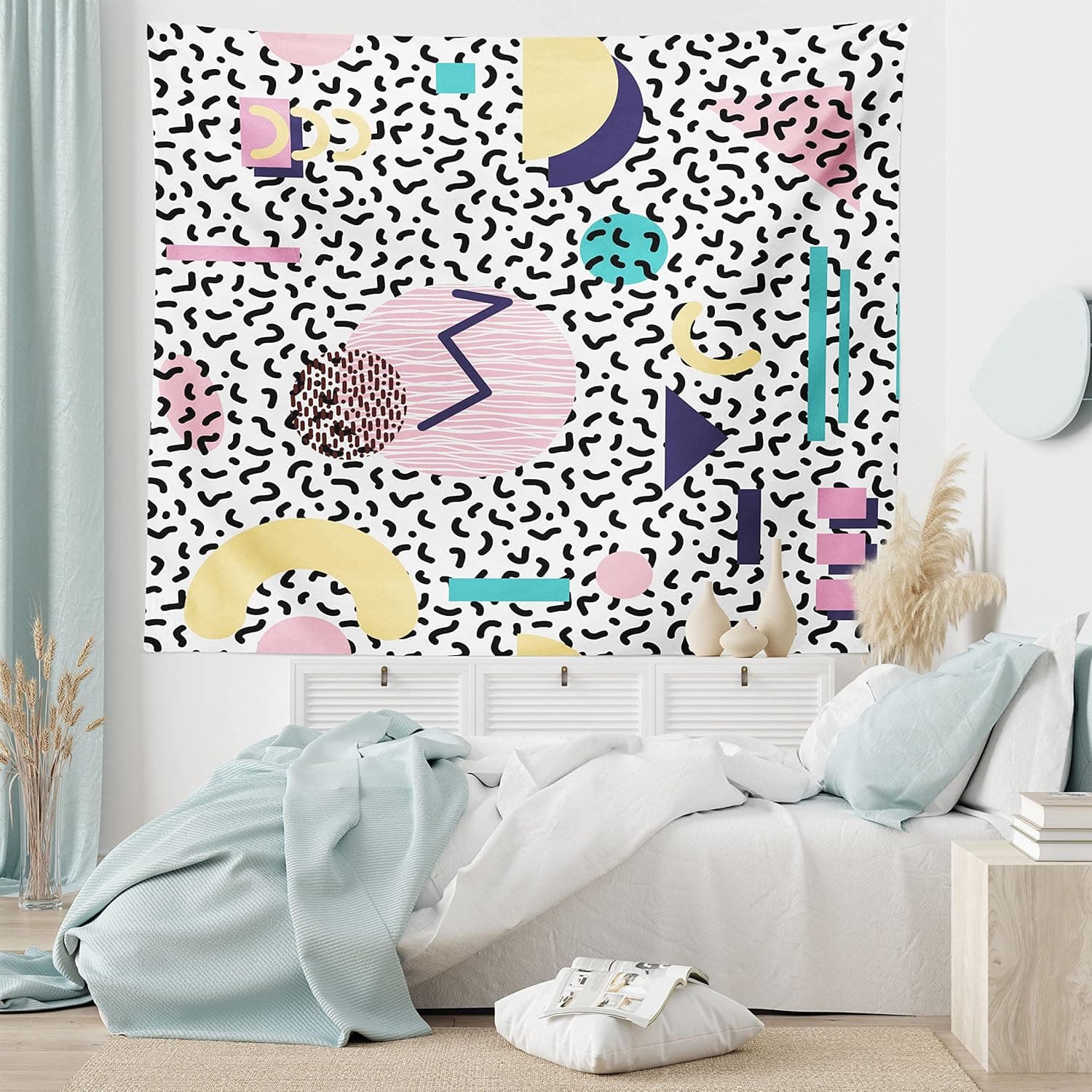Ambesonne 90s Tapestry, Geometric Pattern in Retro Style Round Half Moon Triangle Shapes Art, Wide Wall Hanging for Bedroom Living Room Dorm, 80" X 60", Yellow Pink