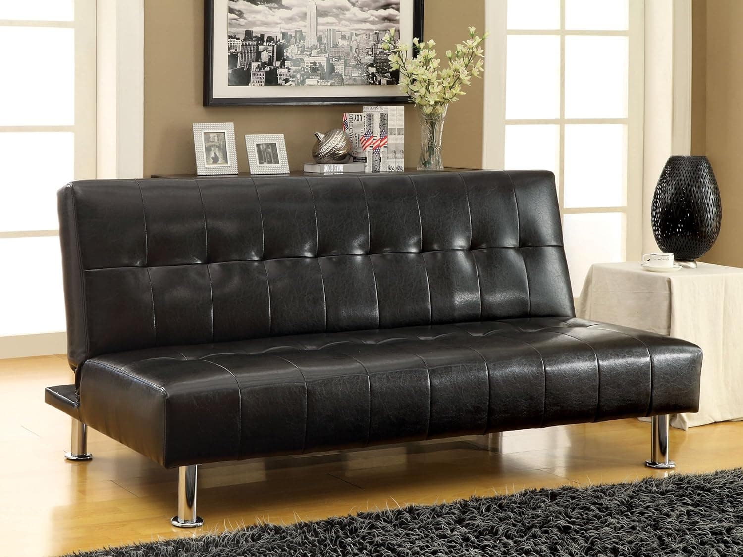 Furniture of America Botany Leatherette Convertible Sofa, Black