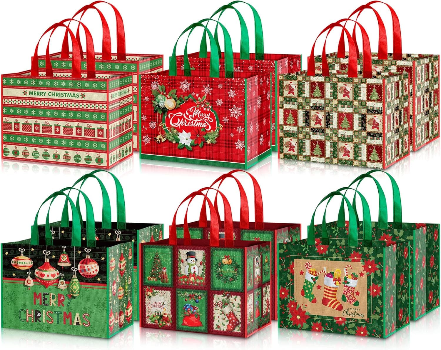 Whaline 12Pcs Christmas Large Tote Bags with Handles Reusable Gift Bag Grocery Shopping Bag Non-Woven Bags Retro Red Green Christmas Party Treat Bag Waterproof Goodie Bag for Holiday Favors