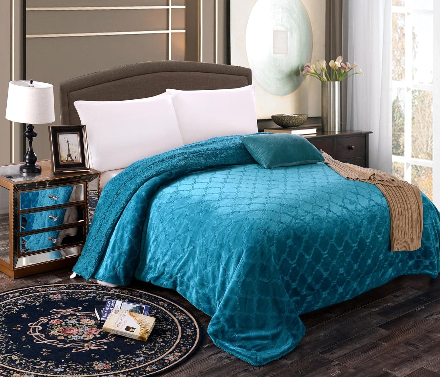 Mk Collection Queen/King Embossed Blanket Bedspread Modern Solid Color with Sherpa Backing Reversible Bed Cover New (Turquoise)