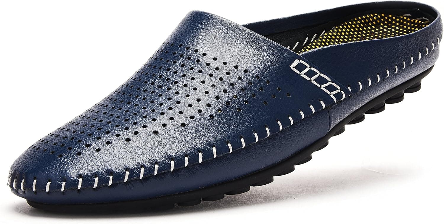 V.J Men's Breathable Leather House Slippers Office Comfort Slip On Casual Driving Shoes Beach Sandals KS805-LAN42-8.5