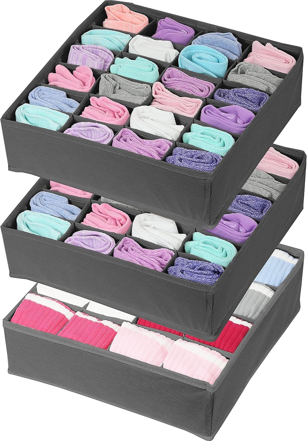 Simple Houseware 3 Pack Socks Underwear Drawer Organizer (24+24+16 cells), Dark Grey