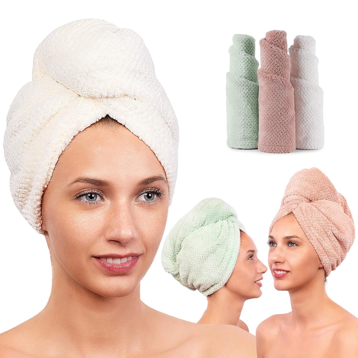 LUXERIS Microfiber Hair Towel Wrap for Women - Quick Drying Turban for Curly, Long, Thick or Short Hair - Ultra Absorbent Anti Frizz Head Wraps for Sleeping and Showering (3 Pack)