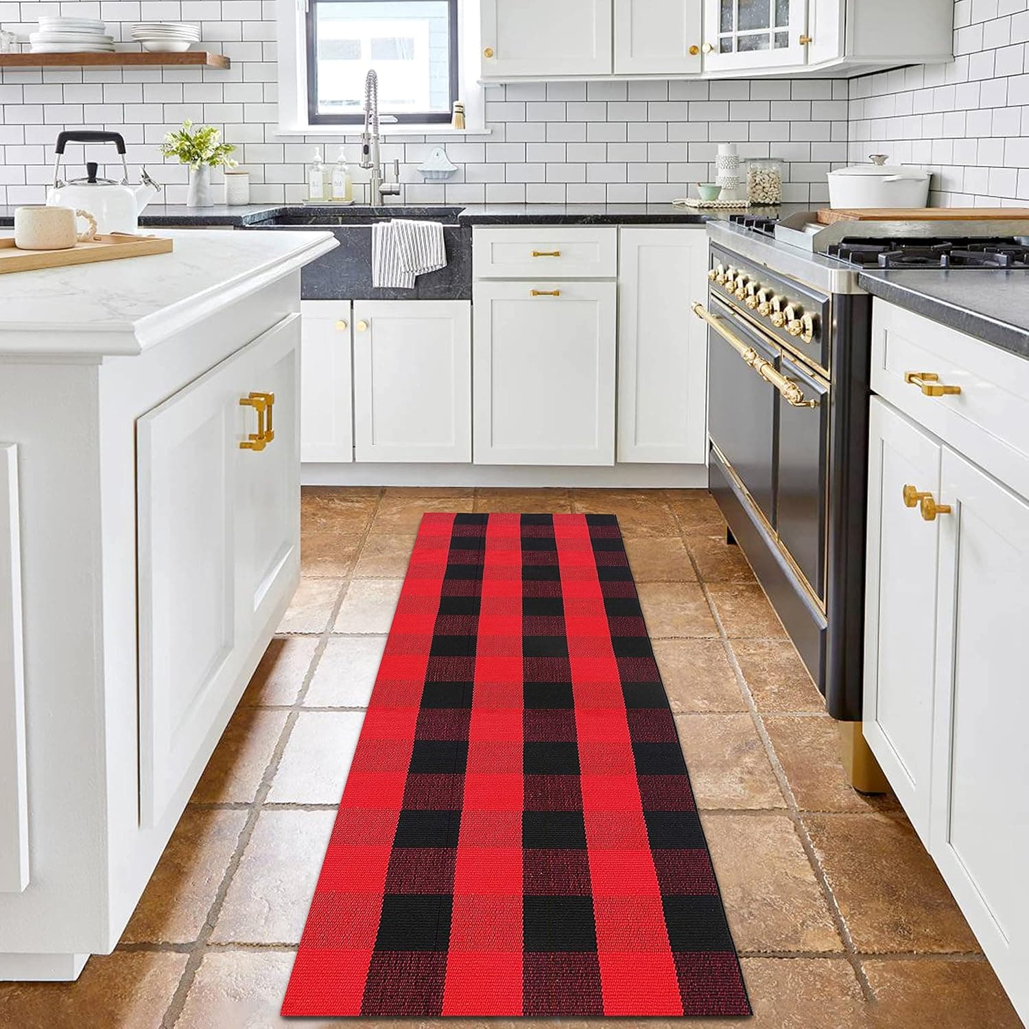 IOHOUZE Cotton Red Buffalo Plaid Check Rug Runner 2x6 Red Outdoor Doormat Washable Woven Outdoor Indoor Welcome Mats for Front Door/Farmhouse/Entryway/Home Entrance Black and Red Outdoor Rug