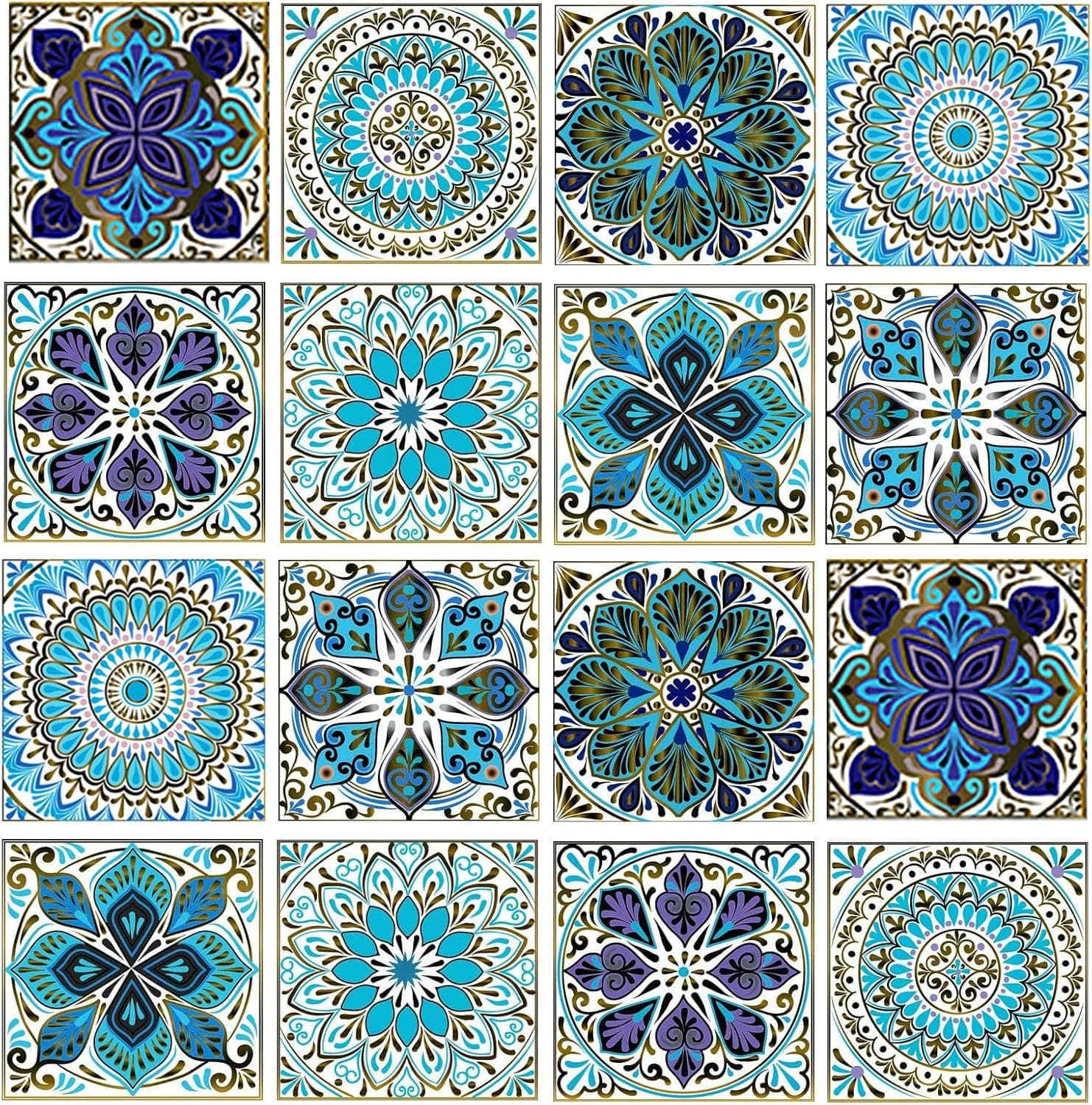 Kakofaci Mandala Decorative Tile Stickers Set 16 Units 6x6 Inch Peel and Stick Self Adhesive Removable Moroccan Tiles Backsplash Waterproof Kitchen Bathroom Furniture Staircase Home Decor