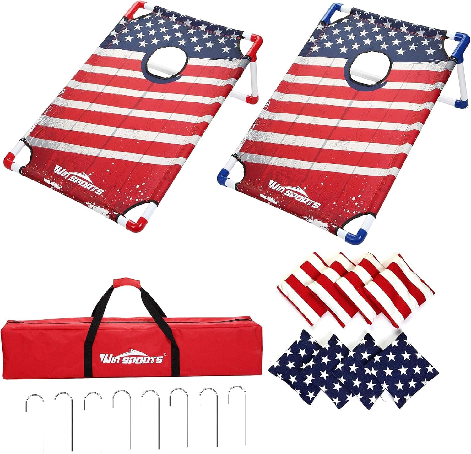 WIn SPORTS Bean Bag Toss Cornhole Games Portable Assemble PVC Framed Cornhole Toss Game Set with 8 Bean Bags and Carrying Case(3 x 2-feet),Choose Flag Design, Red & Blue