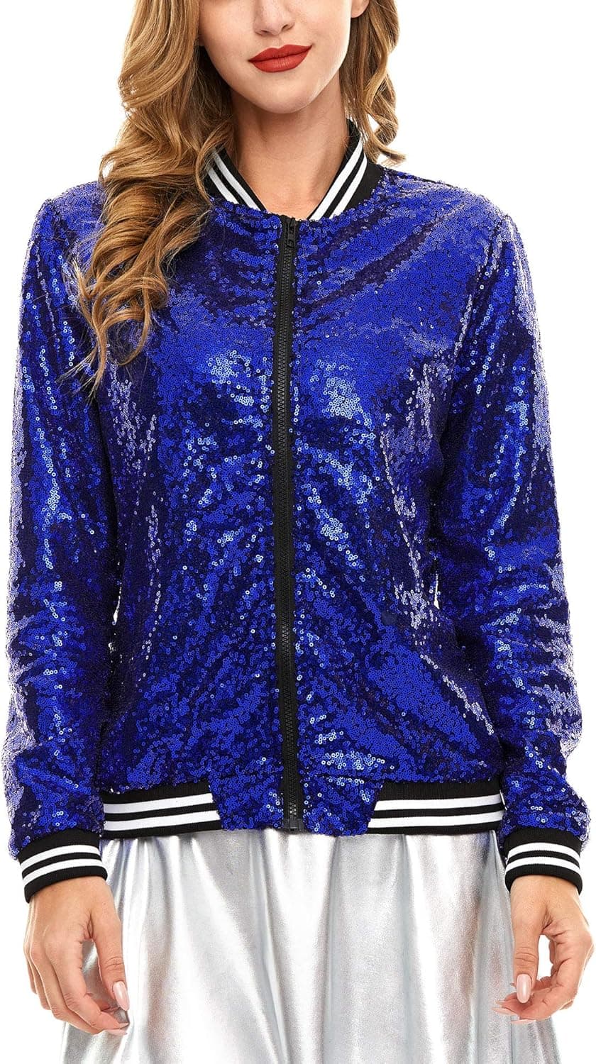 Women's Mermaid Sequin Blazer Long Sleeve Clubwear Lightweight Zip Bomber Jacket