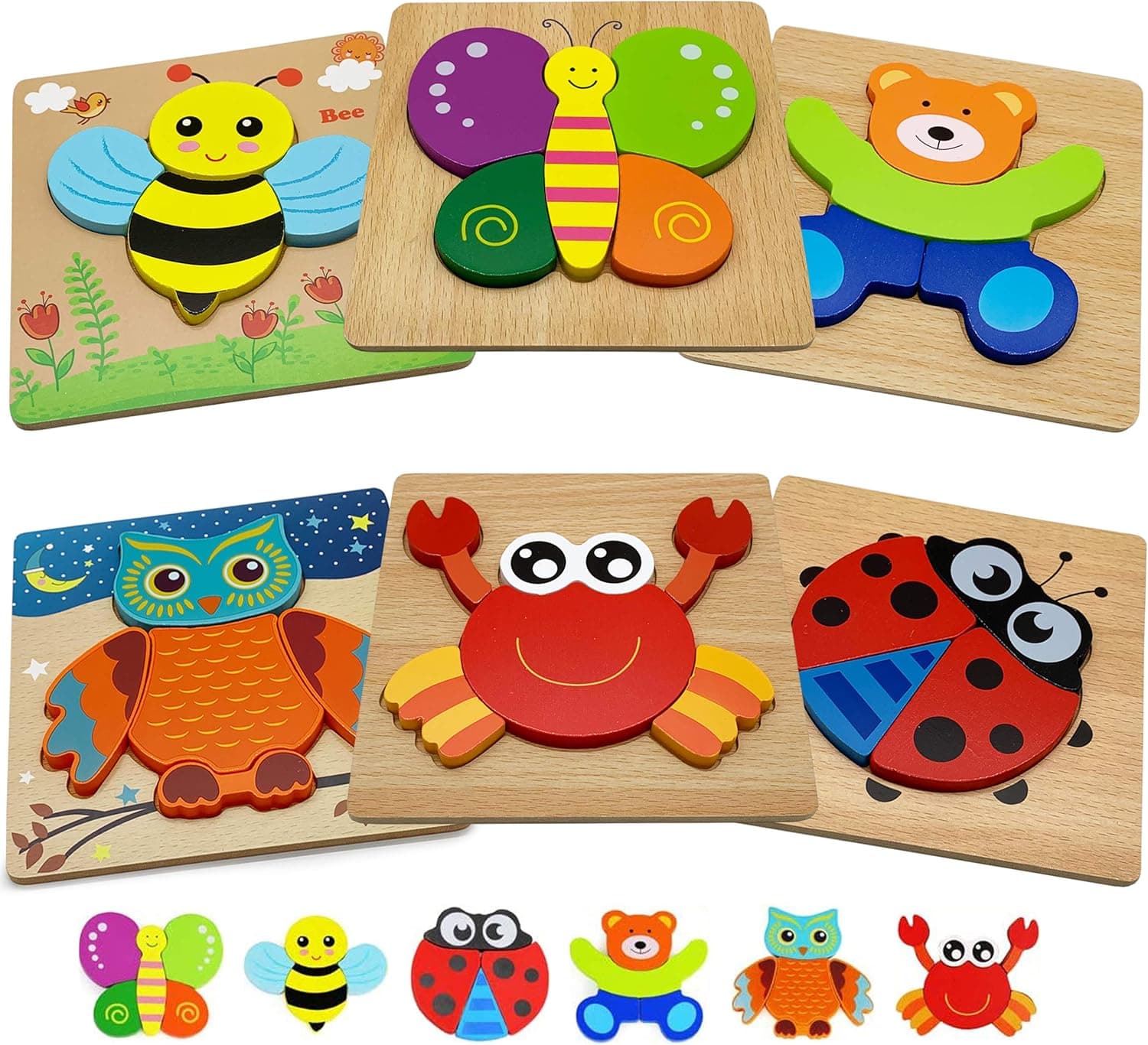 Wooden Jigsaw Animal Puzzles for Toddlers Pack of 6 - Perfect Early Learning Educational Wood Toy - Sunny Cubs Puzzles Encourage Cognitive, Sensory, and Fine Motor Skills Development