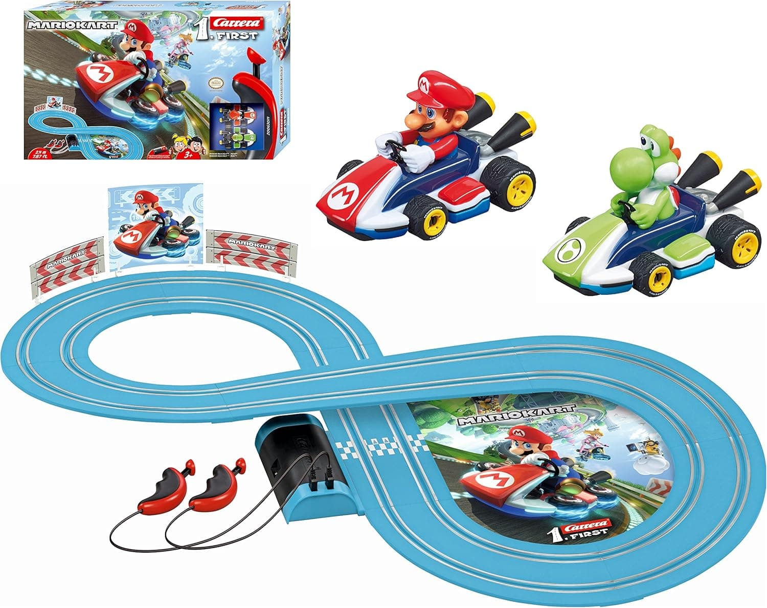 Carrera First Nintendo Mario Kart Slot Car Race Track - Includes 2 Cars: Mario and Yoshi and Two-Controllers - Battery-Powered Beginner Set for Kids Ages 3 Years and Up