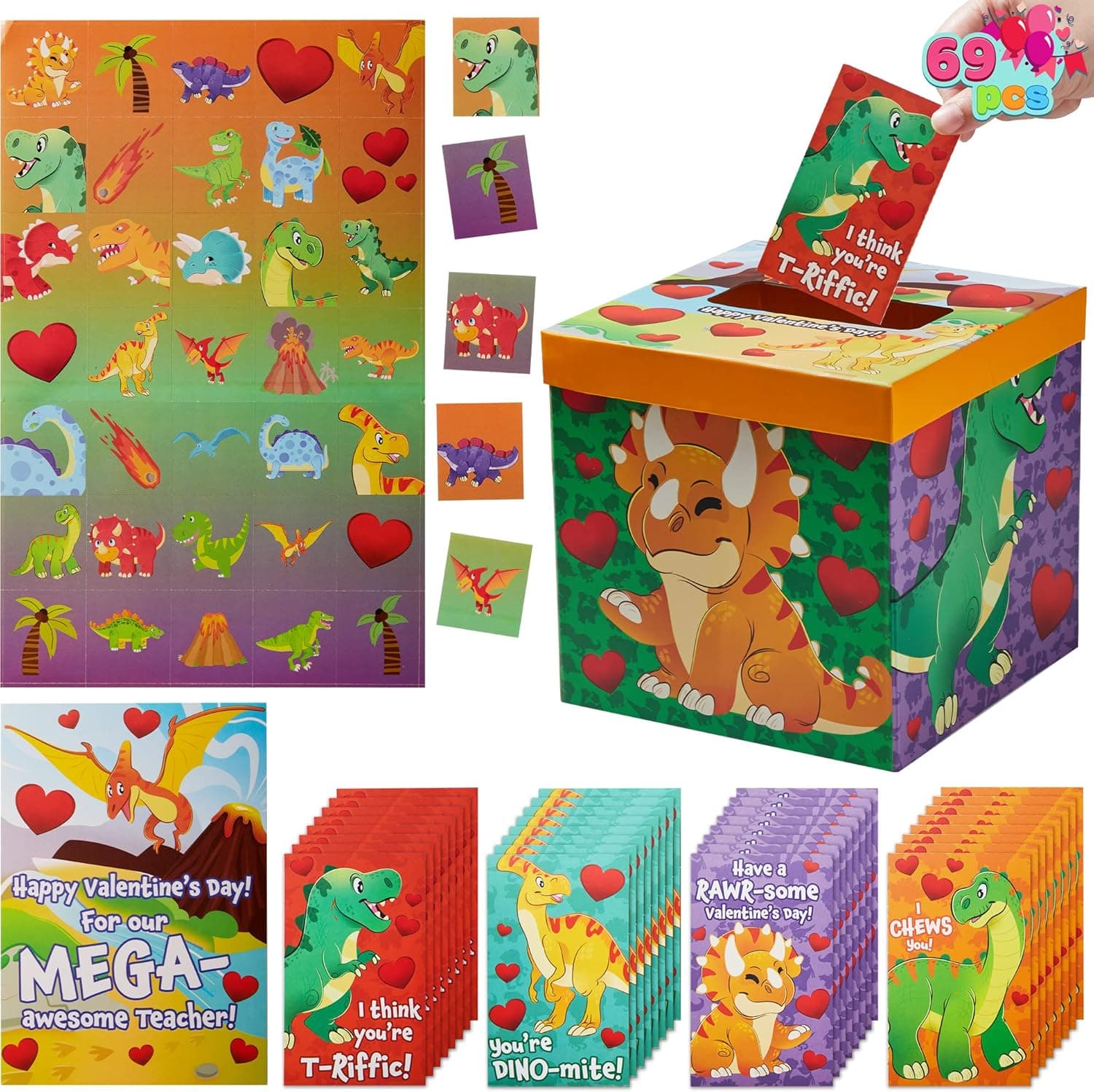 JOYIN Valentines Day Cards for Kids and Mailbox (Dinosaur Theme), Valentine Mailbox Set for Classroom Exchange Including 32 Student Valentine Cards, 1 Teacher Card, 35 Stickers & 1 Mail Box