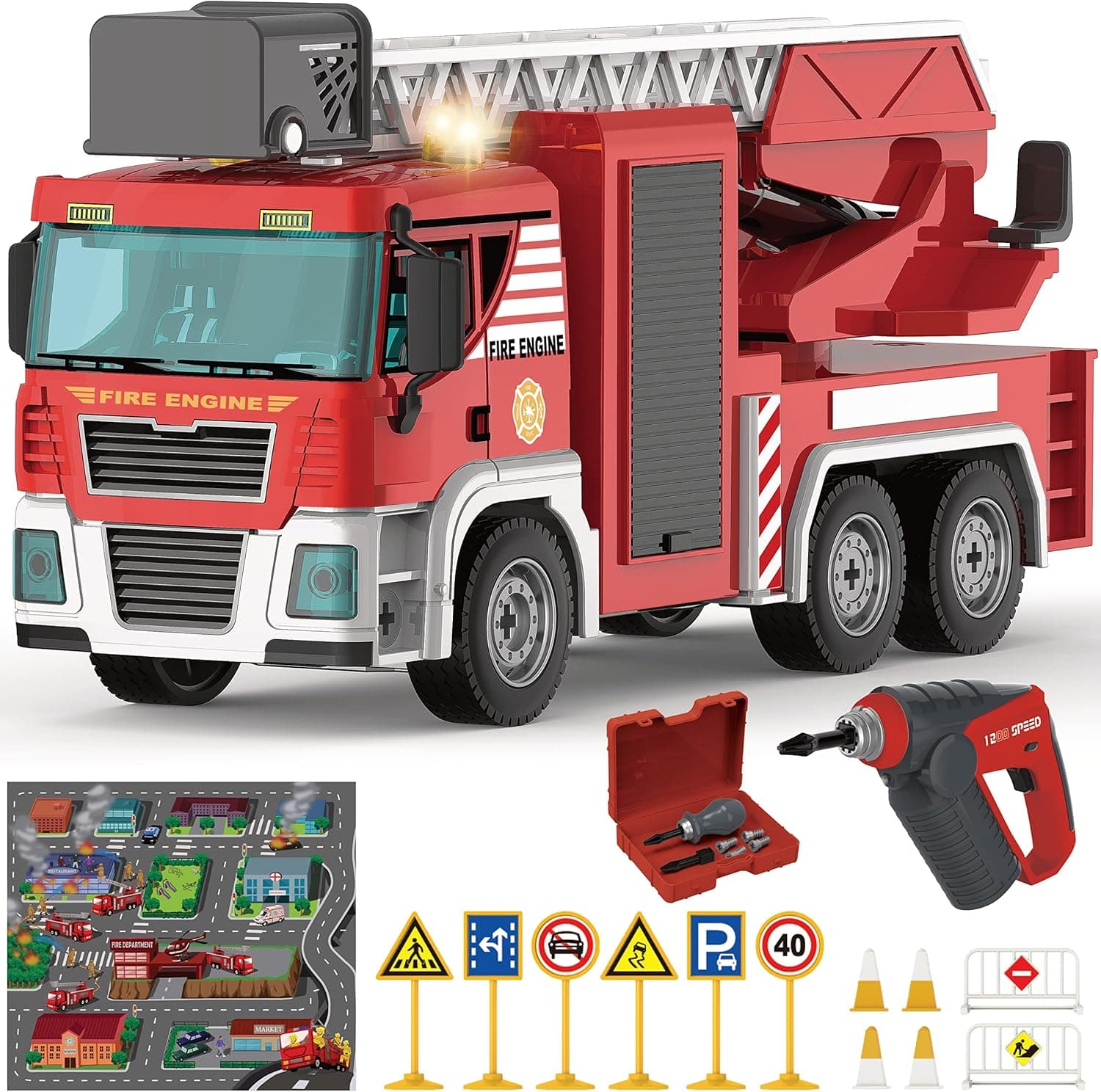 Building Fire Truck Toys - 95 Pcs DIY Assembly Fire Truck STEM Toy with Drill, Push & Go Friction Power Lights & Sounds for Kids- Take Apart Vehicle Fire Trucks for Boys Ages 4 5 6 7 8 Years Old
