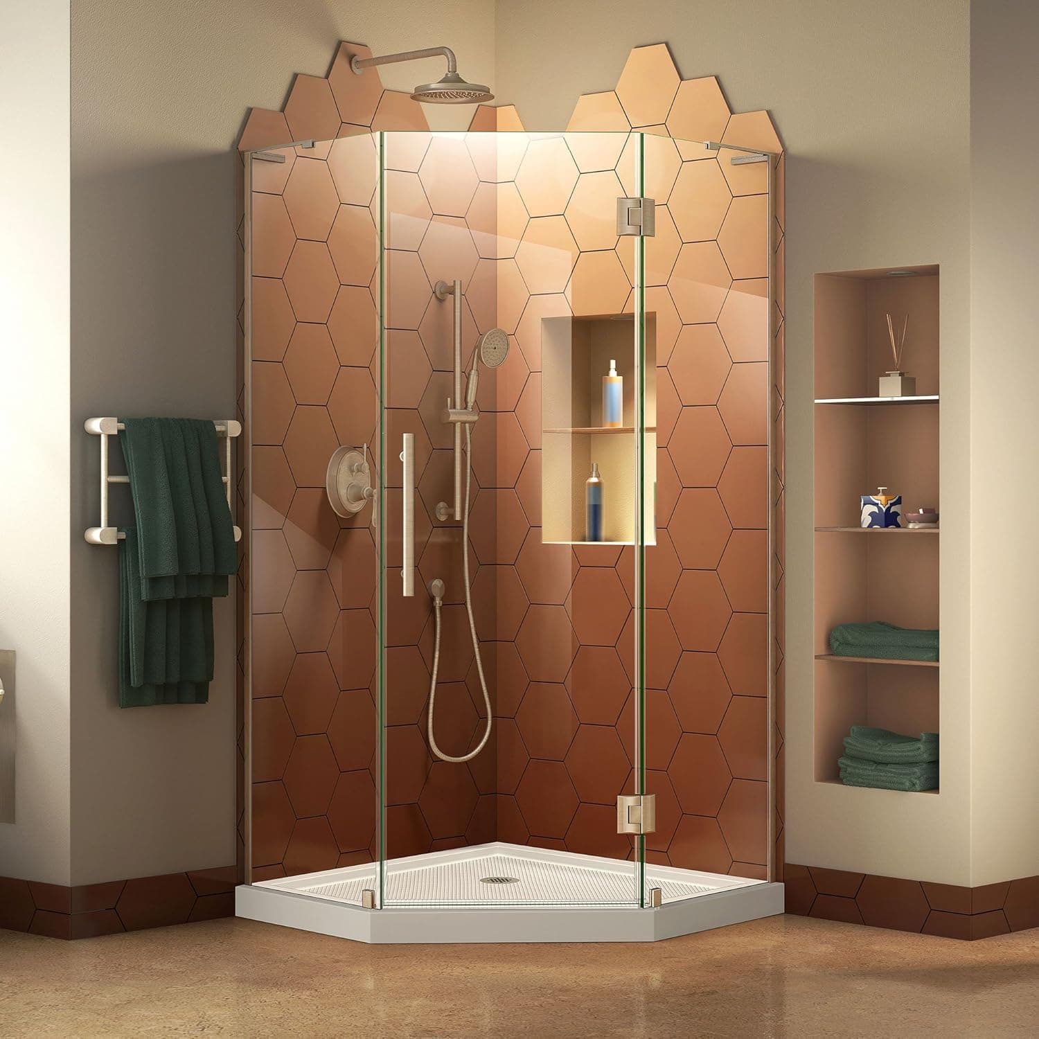 DreamLine Prism Plus 42 in. x 74 3/4 in. Frameless Neo-Angle Shower Enclosure in Brushed Nickel with White Base, DL-6063-04