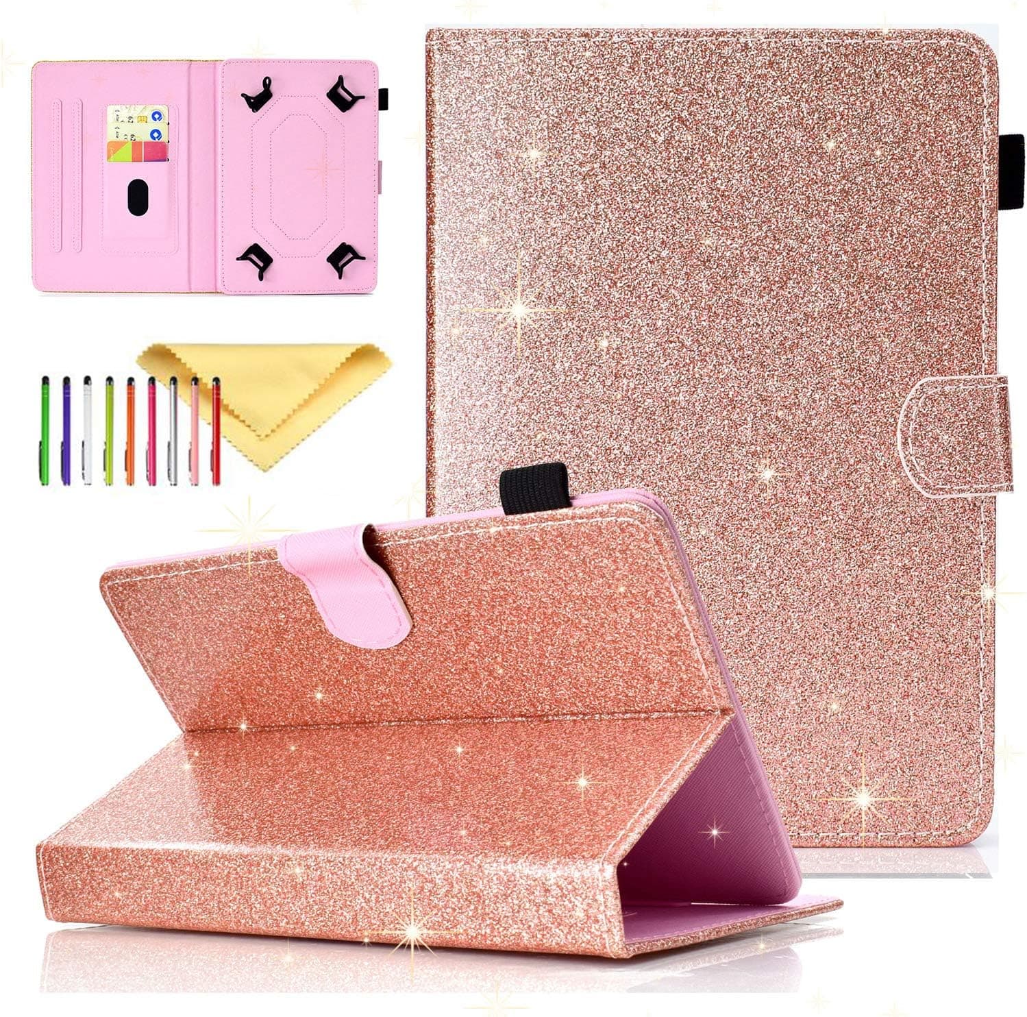Cookk Universal Folio Case for All 6.5-7.5 inch Tablet, Cookk PU Leather Bling Glitter [Card Slots] Stand Cover for Galaxy Tab 4, Galaxy Tab 3 Lite, Nexus 7, Touch M7, Rosegold