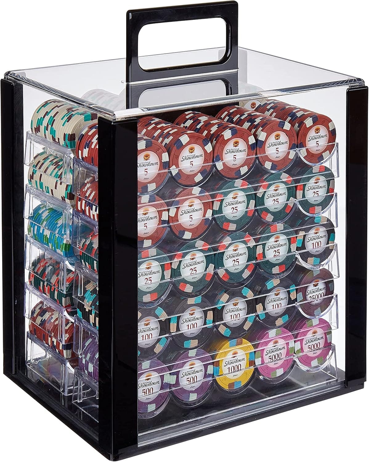 Showdown Poker Chips Set - 1000 Heavyweight (13.5-Gram) Clay Composite Chips, 10 Acrylic Trays, and Clear Carrying Case - Professional Casino Supplies, Kits, Holders, & Storage Container