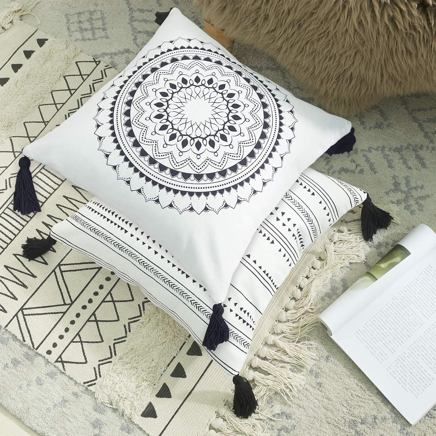 Yteseery Boho Throw Pillow Covers Set of 2, Natural Cotton Decorative Pillow Cases with Tassels for Sofa Couch Chair Car Bed, Modern Geometric Pattern Cushion Covers 18x18 Inch
