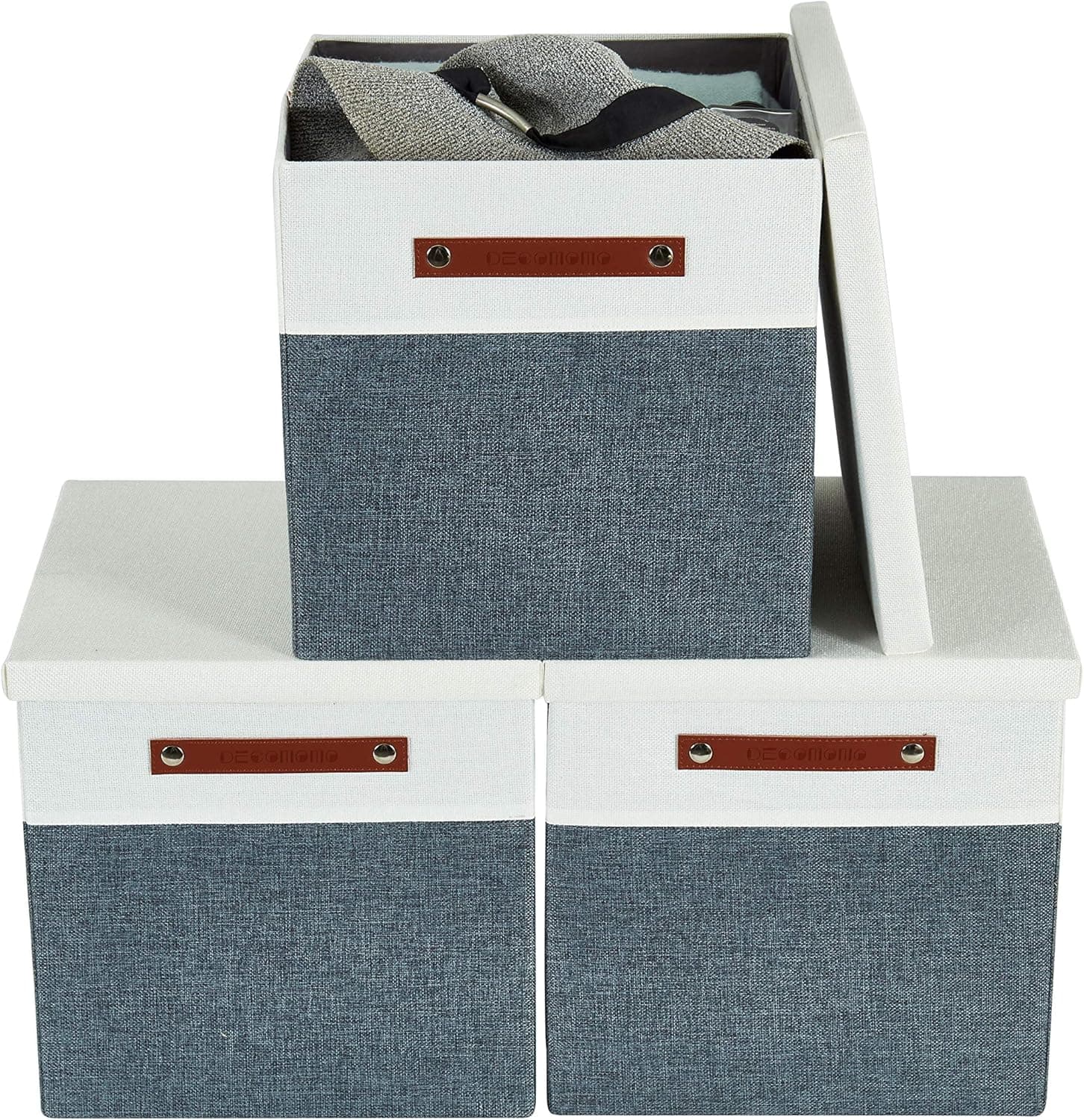 DECOMOMO Cube Storage Bins | Fabric Storage Cubes with Lid Closet Organizer Cubby Bins for Shelves Cloth Nursery Decorative Basket with Handles (Slate Grey and White, 13 x 13 x 13 inch)