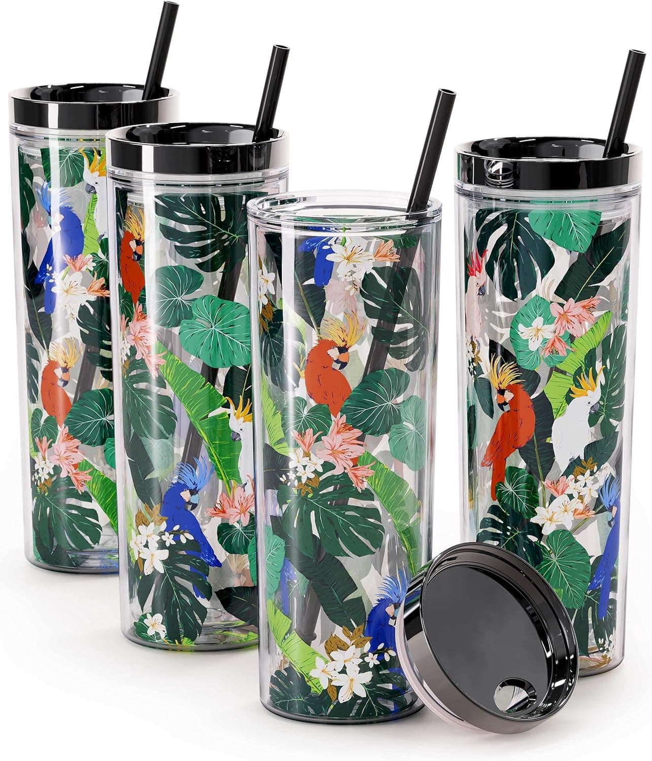 Maars Skinny Acrylic Tumbler with Lid and Straw | 18oz Premium Insulated Double Wall Plastic Reusable Cups - Birds of Paradise, 4 Pack