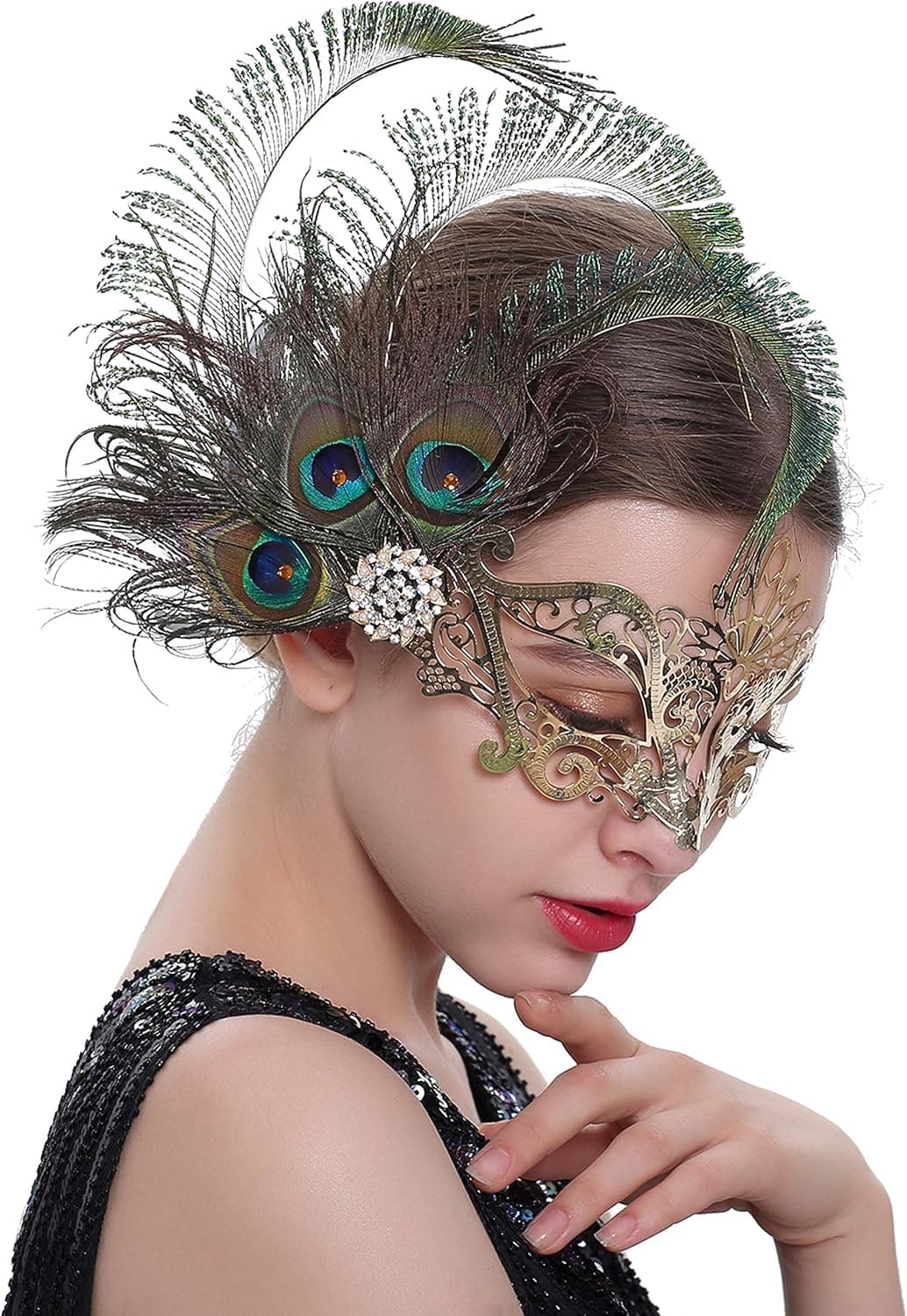 BABEYOND 1920s Gatsby Flapper Headpiece Hair Clip Halloween Masquerade Eye Mask (Gold)