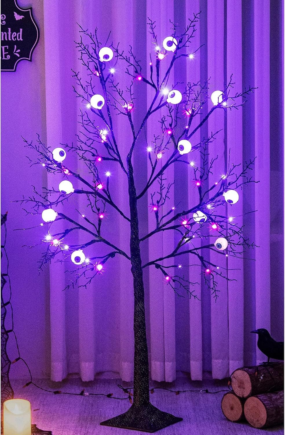 Joliyoou 4FT Halloween Decorations, 48 LEDs Purple Light Up Glittered Black Spooky Tree with 12 Spiders, 24V Low Voltage Light Up Artificial Tree for Indoor Halloween Holiday Party Decoration