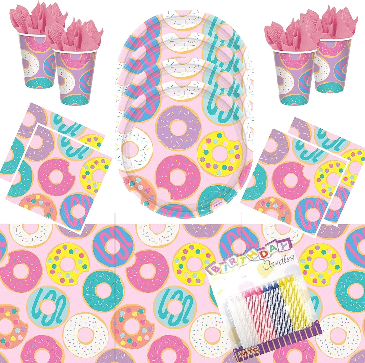 Yifantacy Donut Party Supplies Pack Serves 16: Plates Napkins Cups and Table Cover with Birthday Candles (Bundle for 16)