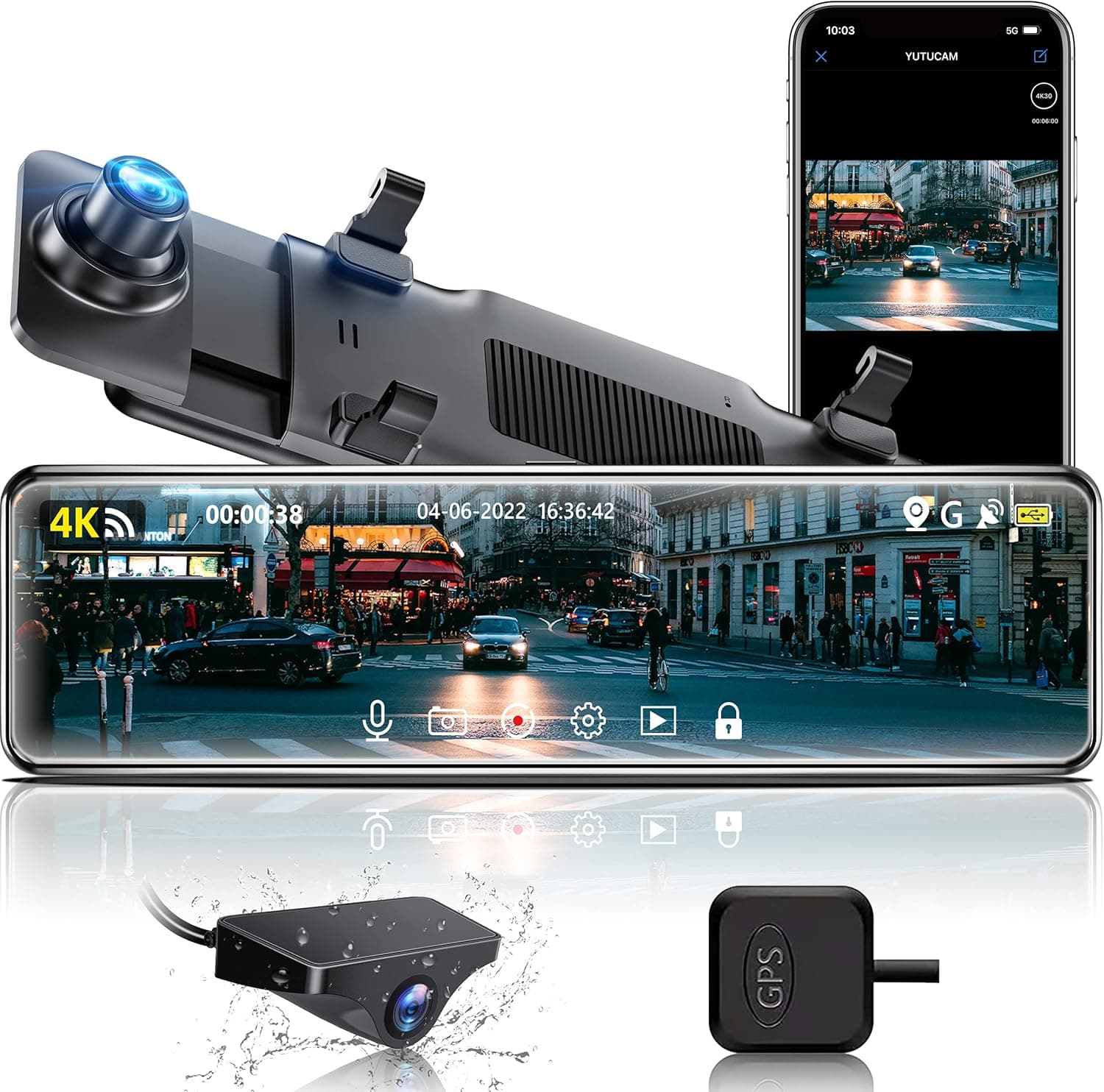 4K Mirror Dash Cam, GKU Car Camera Dual Dash Cam Front and Rear, 11" UHD 1080P Rearview Mirror Backup Dash Camera, GPS, WiFi,Super Night Vision, Reverse Assistance, 24h Parking Monitor
