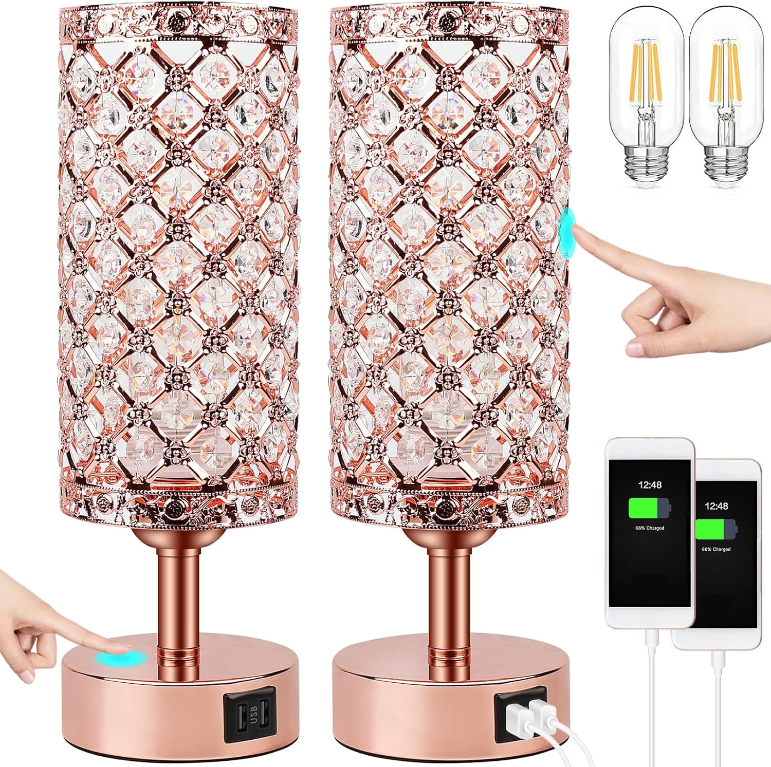 UBright Touch Control Crystal Table Lamp 3 Way Dimmable Decorative Bedside Nightstand Lamp with 2 USB Charging Ports Small Touch Light for Living Room Bedroom Home 2 Pack (Bulb Included) (Rose Gold)