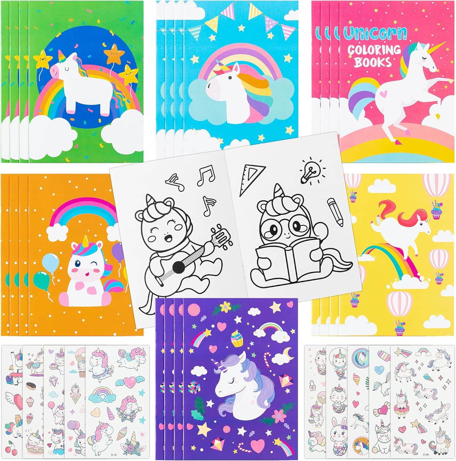 JAPBOR 24pcs Unicorn Coloring Books and 10pcs Tattoo Stickers, Kids Birthday Gifts Unicorn Book Bulk Games Goodie Bag Stuffers for School Classroom Activity Party Favors Supplies
