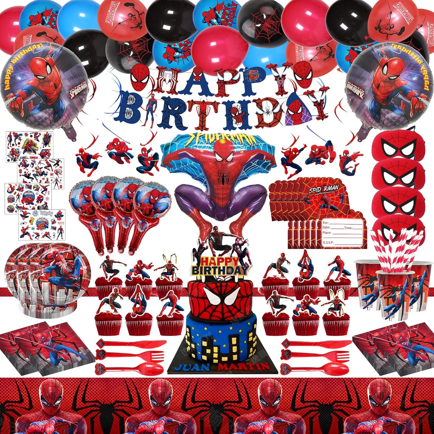 290 PCS Spiderman Birthday Party Supplies for 20 Guests, Spiderman Birthday Decorations, Party Decorations with Happy Birthday Banner, Hanging Swirls, Balloons, Tableware, Cupcake Toppers, Masks