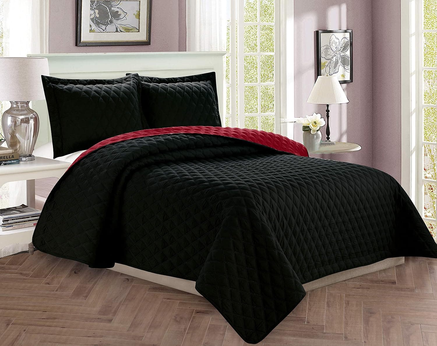 Celine Linen Luxury 3-Piece Bedspread Coverlet Diamond Design Quilted Set with Shams - All Season Heavy Weight- - Wrinkle & Fade Resistant- King/California King, Black/Burgundy
