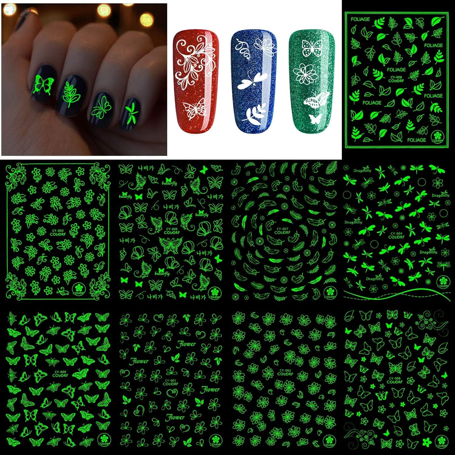 Konsait 550pcs Luminous Nail Stickers, Glow in Dark 3D Butterfly Flower Self Adhesive Nail Art Stickers, DIY Manicure Tips Decor for Women Girls Kids Birthday Tea Spa Party Nail Salon Favor Supplies