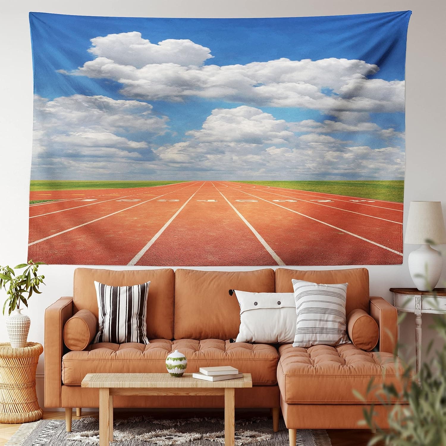 Ambesonne Olympics Tapestry, Sports Competition Running Track on a Sunny Day Lawn Grass Field Cloudy, Wall Hanging for Bedroom Living Room Dorm Decor, 40" X 60", Sky Blue