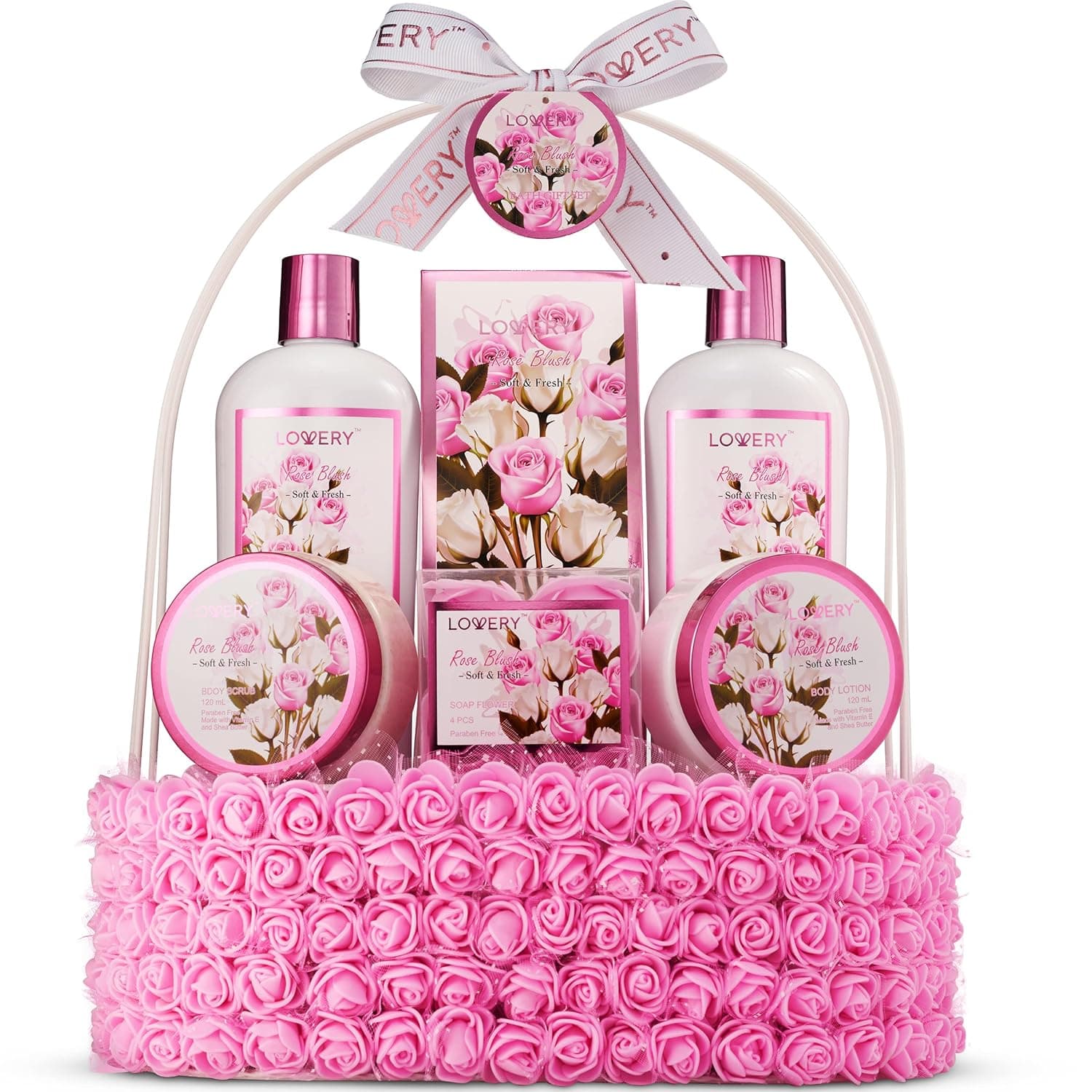 Spa Gift Baskets for Women, Rose Blush Bath Gift Set for Women, Care Package for Women & Mom, 10pc Relaxation Gift Basket for Stress Relief Self Care, Birthday, Anniversary, Lotions & More