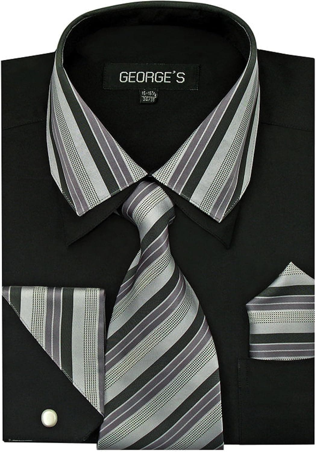 Dress Shirt With Tie and Handkerchief AH-611 (18 1/2-36/37, Black)