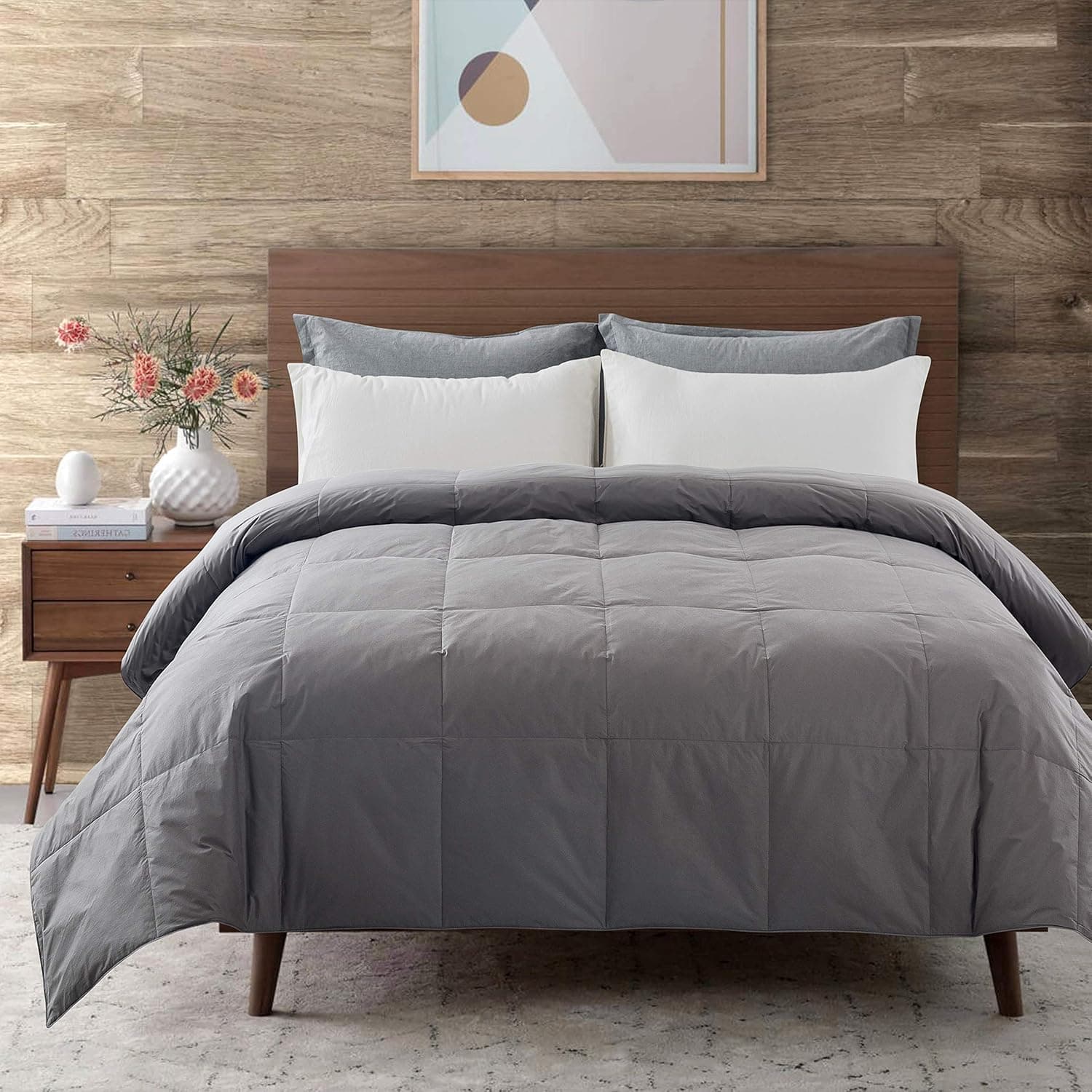 DOWNCOOL Cotton Goose Duck Feather Down Comforter - Lightweight Quilted Duvet Insert with Corner Tabs - Box Stitched Stand-Alone Comforter- Dark Grey,Twin/Twin XL