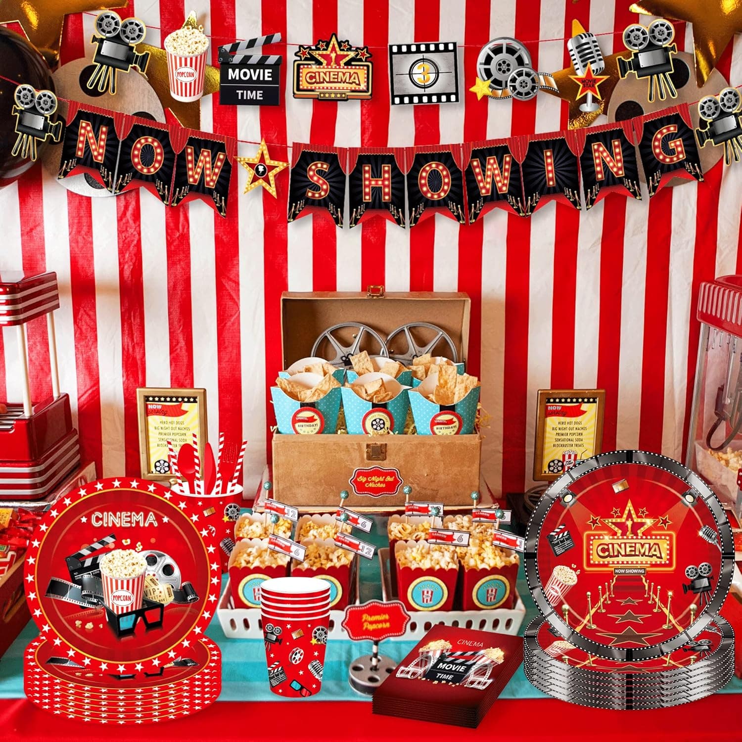 LaVenty 33 PCS Movie Night Party Supplies Movie Night Party Decorations Movie Night Party Plates and Napkins Movie Night Balloons Movie Night Banner