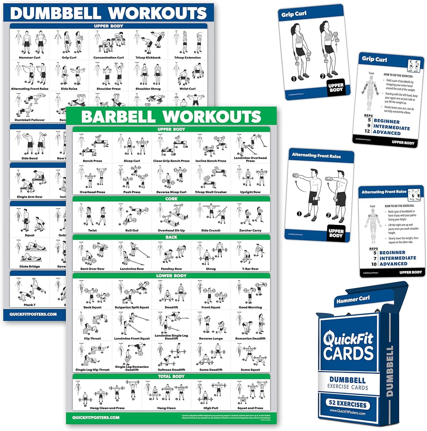 3 Pack: Dumbbell Workout Poster + Barbell Exercises Poster Set + Dumbbell Exercise Cards