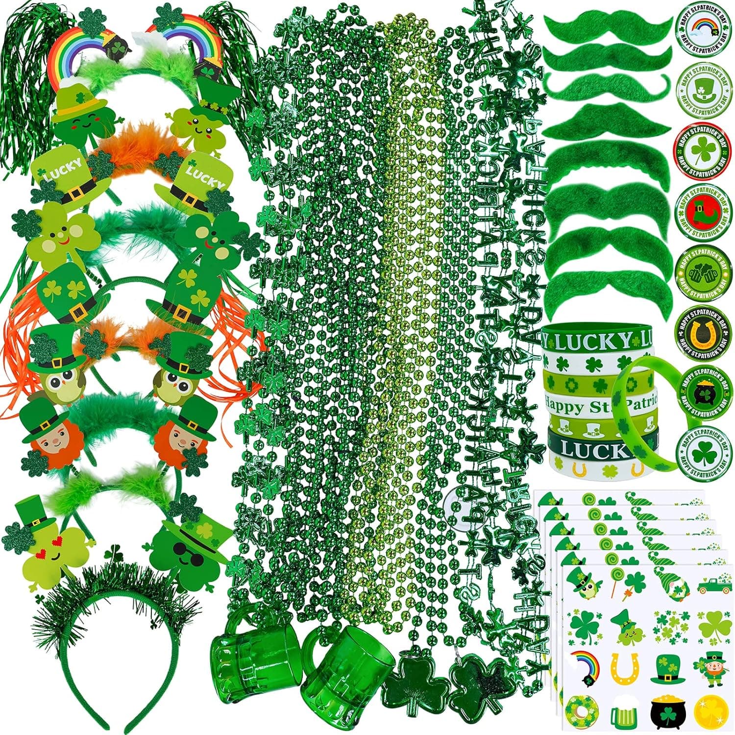 Winlyn 58 Pcs Bulk St. Patrick's Day Novelty Jewelry Assortment St. Pat's Party Favors Assorted Necklaces Head Boppers Bracelets Mustaches Tattoos Accessories for St. Patty's Day Irish Party Decor