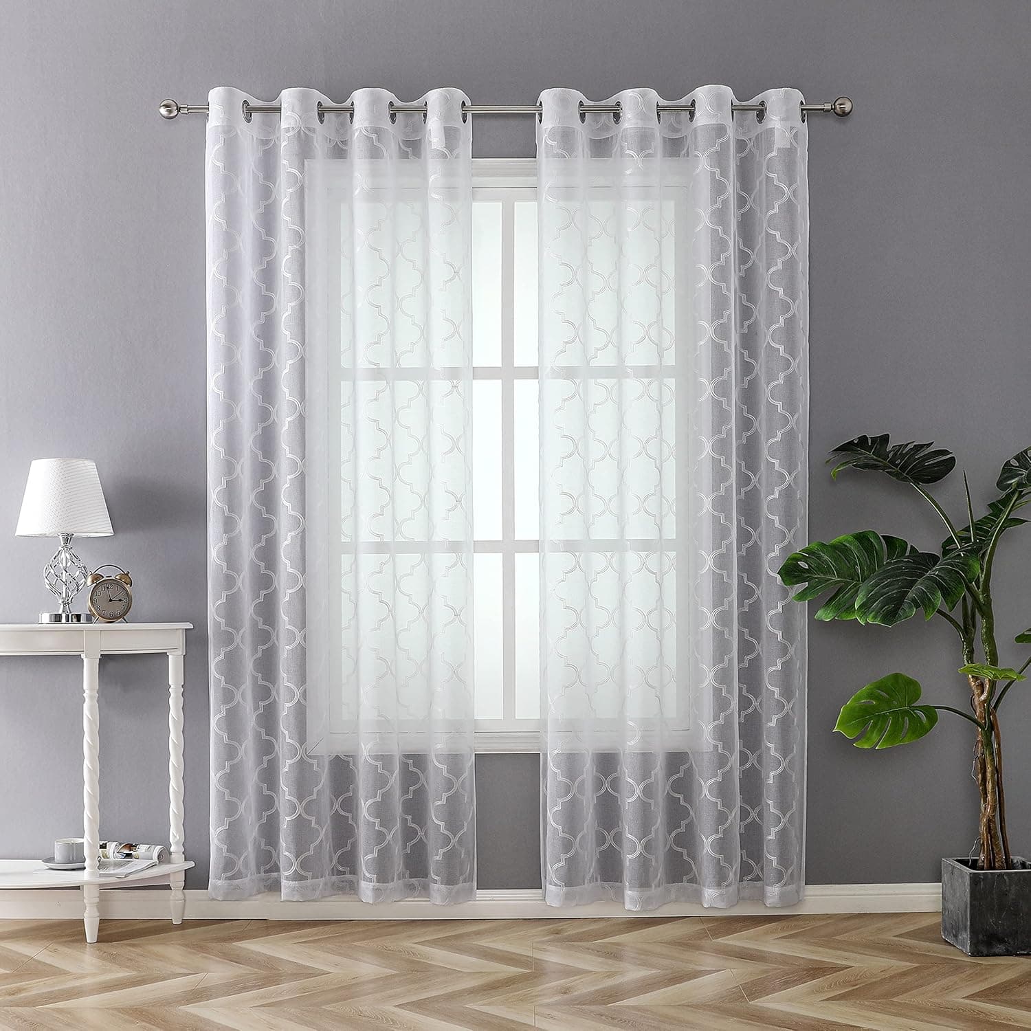 KEQIAOSUOCAI White Geometry Embroidery Sheer Curtains Moroccan Voile Drapes for Bedroom Living Room Grommet Top Window Treatments 63 Inches 2 Panels 52"x63"