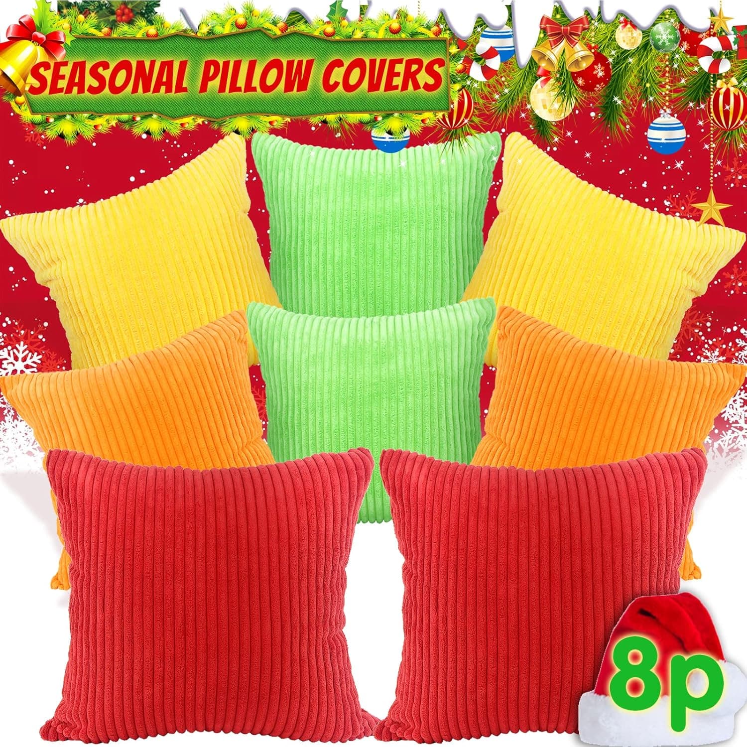 8P Seasonal Cushion Pillow Cover Corduroy Decorative Throw Pillow Covers for Couch Pillow Covers Set of 8 for All Year Round, 26x26 Fall Pillow Covers Halloween, with No Insert