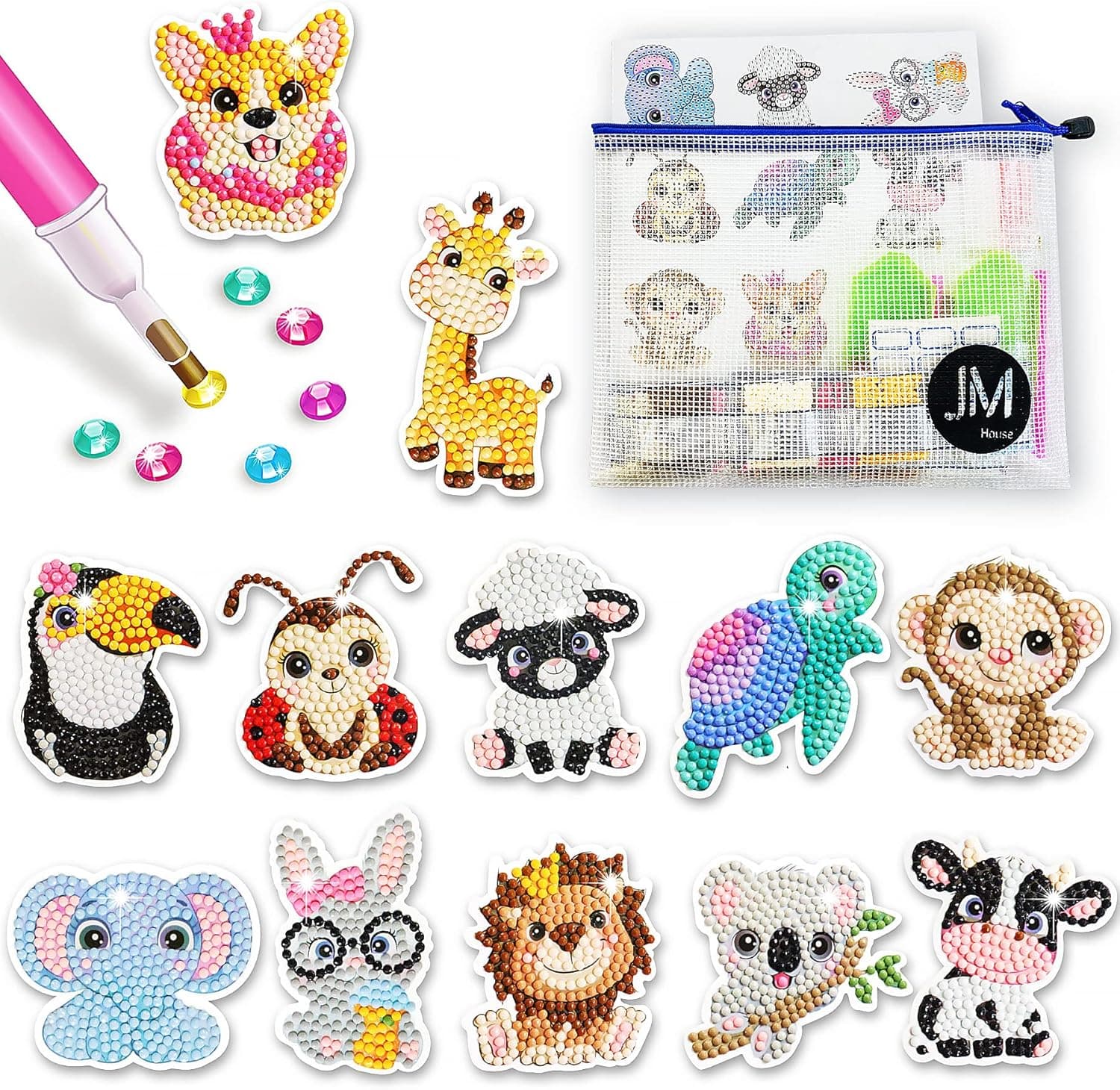 JM House 5D Diamond Painting Stickers Kits for Kids, 12Pcs Animals Gem Diamond Art for Kids,DIY Mosaic Stickers with Dots, Arts and Crafts Best Tween Gifts for Boys and Girls Age 4-6,6-8,8-10