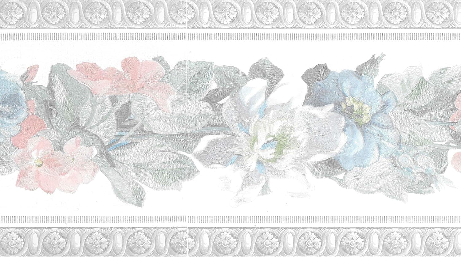 Dundee Deco BD6171 Prepasted Wallpaper Border - Floral Pink, Green, Blue, White Flowers on Vine Wall Border Retro Design, 15 ft x 6.75 in (4.57m x 17.15cm)