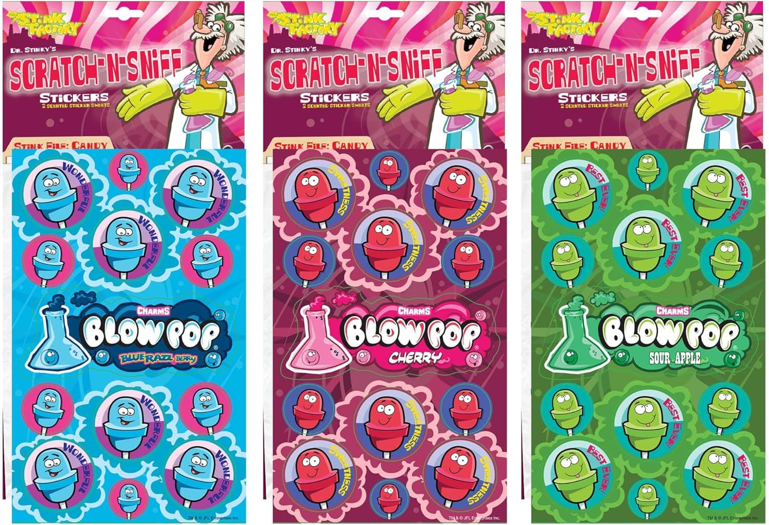Just For Laughs Dr. Stinky's Scratch N Sniff Stickers 3-Pack- Blow Pop Cherry, Blow Pop Blue Razz Berry, Blow Pop Sour Apple