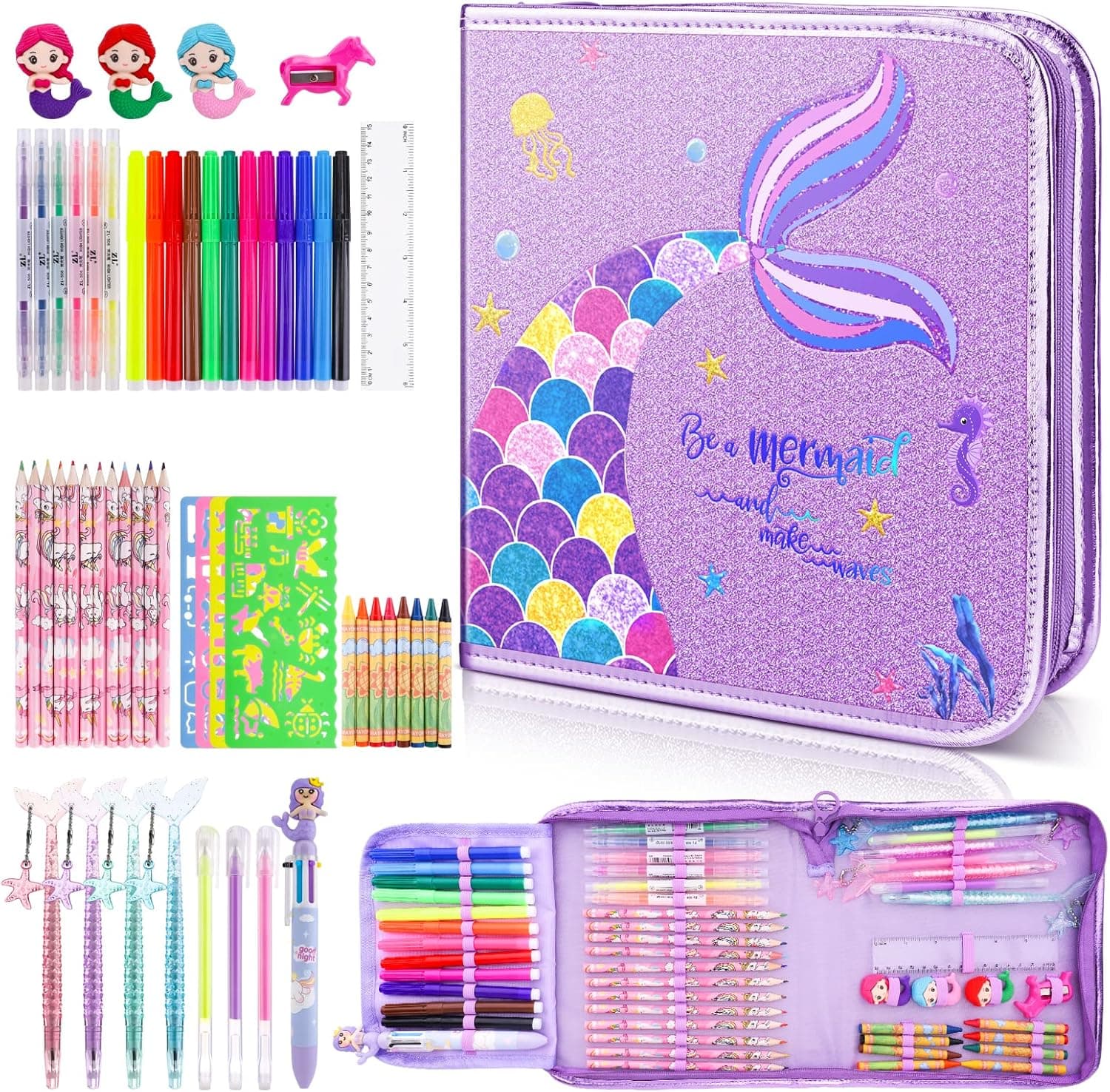Fruit Scented Markers Set 56 Pcs with Glitter Mermaid Pencil Case & Stationery, Art Supplies for Kids Ages 4-6-8, Art Coloring Kits Box, Gifts Toy for Girls Age 5,7,Gel Pen,Pencil&Crayon Drawing Stuff