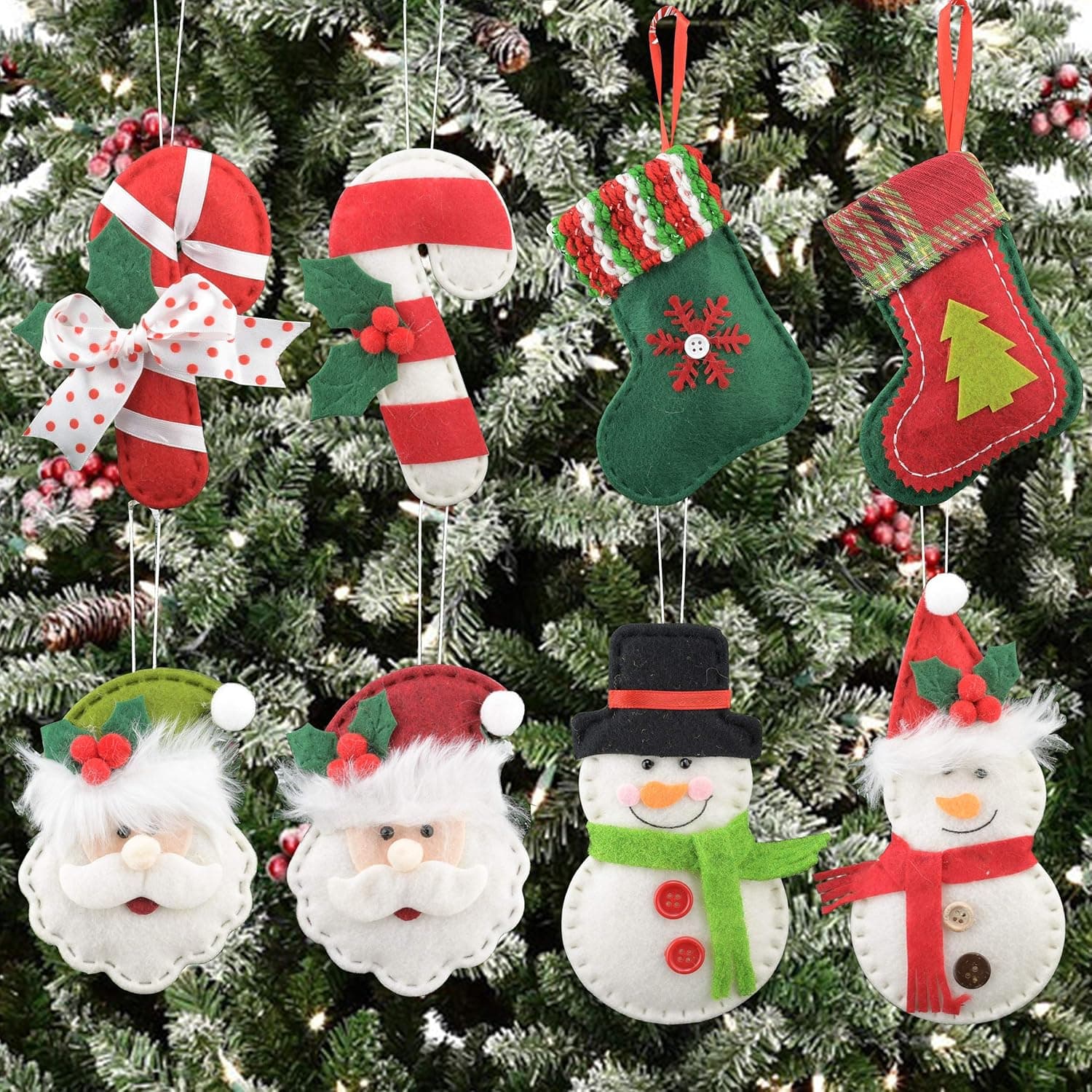 Christmas Ornaments, Set of 8 Christmas Santa Clause Snowman Candy Cane Stocking Design Plush Felt Ornaments Hanging Decorations for Trees, Calendars, Party Decorations, Approx. 5 Inches Each